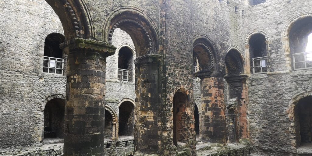 Inside pillars of Rochester Castle in Kent.
